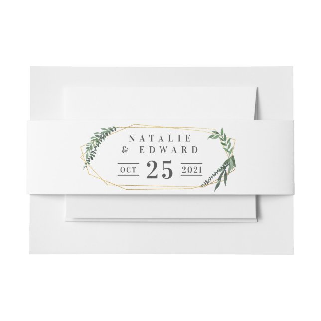 gold geometric watercolor greenery invitation belly band (Front Example)
