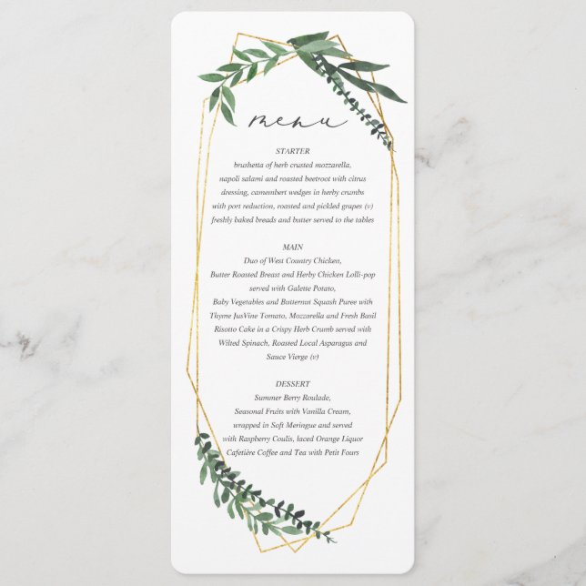 Gold Geometric watercolor greenery Menu (Front)