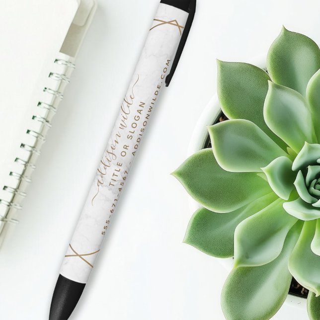 Gold Geometric White Marble Abstract Business Black Ink Pen (Creator Uploaded)