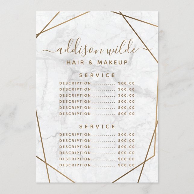Gold Geometric White Marble Abstract Price List Menu (Front)