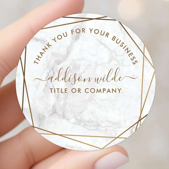Gold Geometric White Marble Business Thank You Classic Round Sticker (Creator Uploaded)