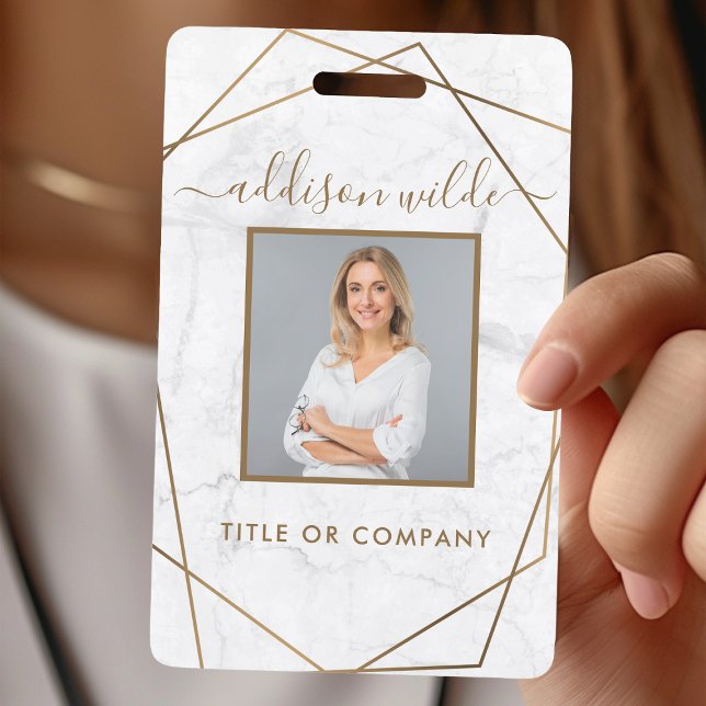 Gold Geometric White Marble Modern Photo ID ID Badge (Creator Uploaded)
