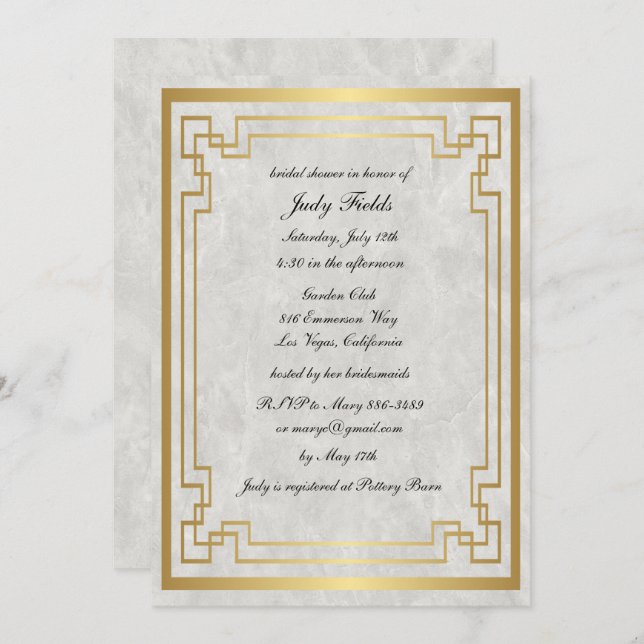Gold Geometric White Marble Wedding Bridal Shower Invitation (Front/Back)