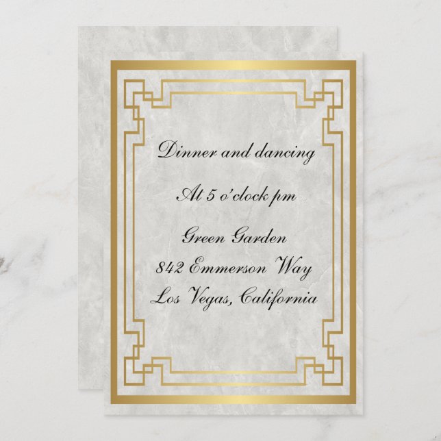 Gold Geometric White Marble Wedding Reception Card (Front/Back)