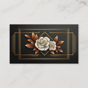 Gold Geometric White Rose Floral Midnight Black Business Card
