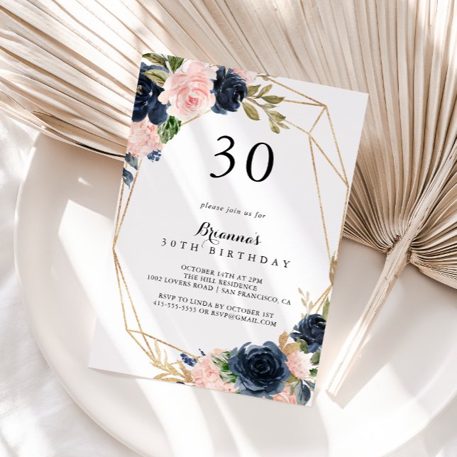 Gold Geometric Winter Floral 30th Birthday Party Invitation (Creator Uploaded)