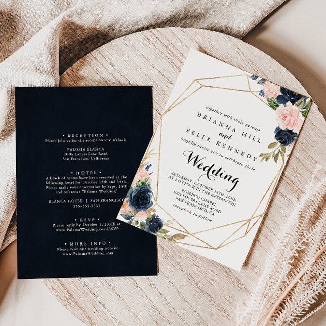 Gold Geometric Winter Floral Front & Back Wedding Invitation (Creator Uploaded)