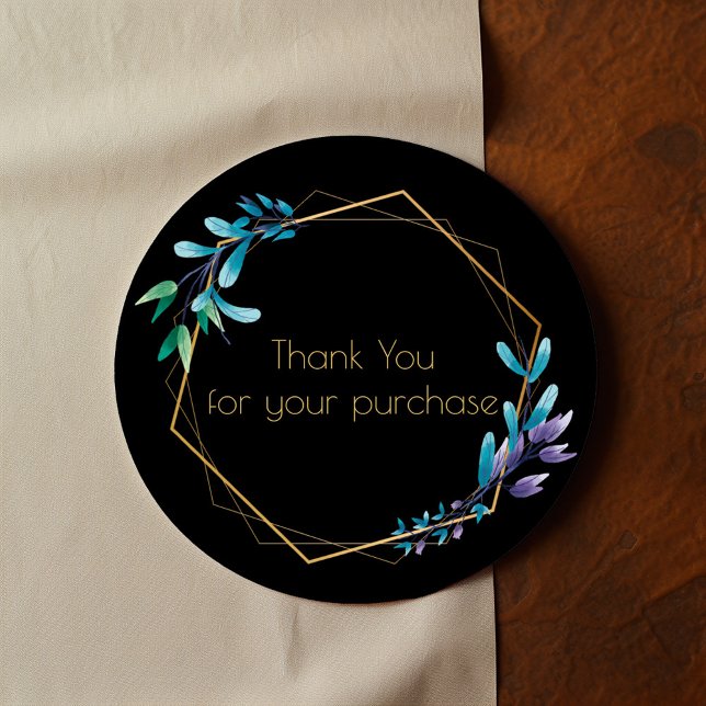Gold geometric wreath, Thank you for your purchase Classic Round Sticker (Round black thank you sticker with gold frame and watercolor botanical accents)