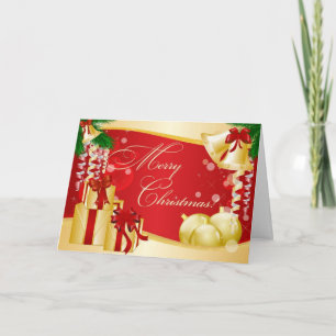 Gold Gifts With Red Ribbons Christmas Card