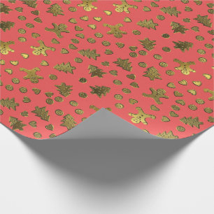 Gold Ginger Bread On Pink Christmas Wrapping Paper
