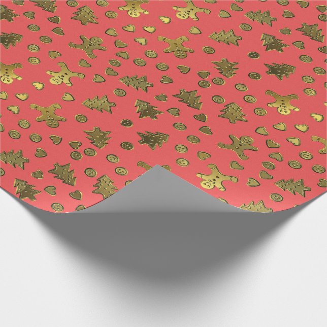 Gold Ginger Bread On Pink Christmas Wrapping Paper (Corner)