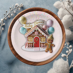 Gold Gingerbread House Baby Shower Paper Plate
