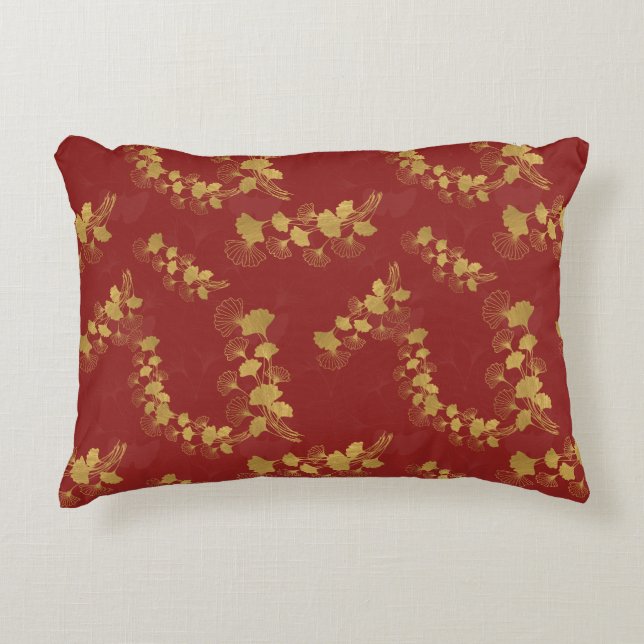 Gold Gingko Balboa Leaves on Dark Red Background Decorative Cushion (Front)