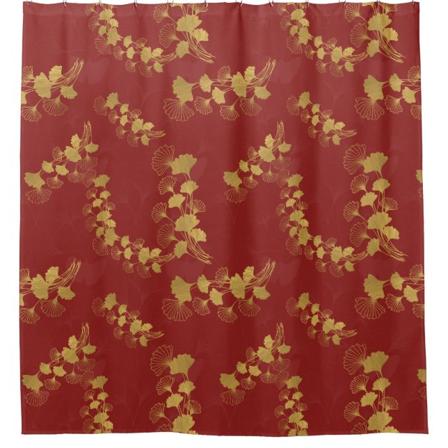 Gold Gingko Balboa Leaves on Dark Red Background Shower Curtain (Front)