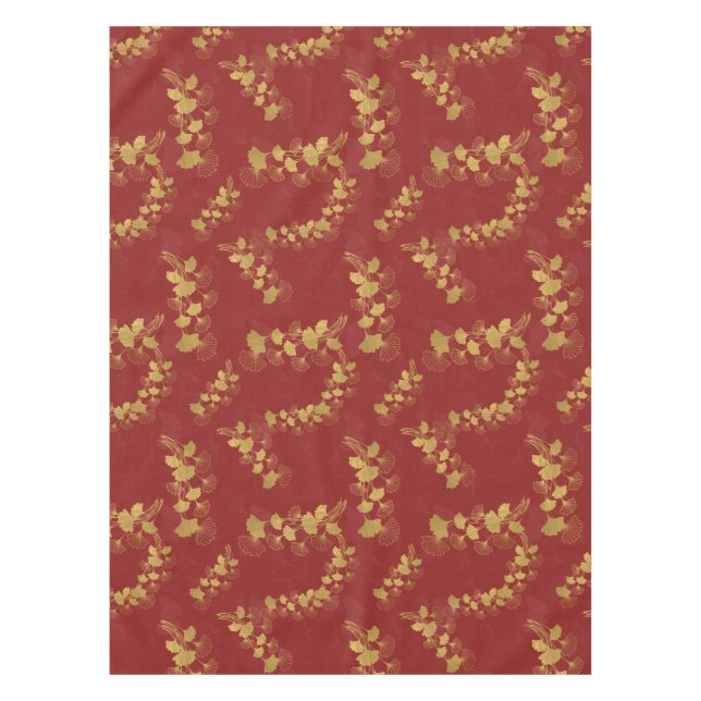 Gold Gingko Balboa Leaves on Dark Red Background Tablecloth (Front)