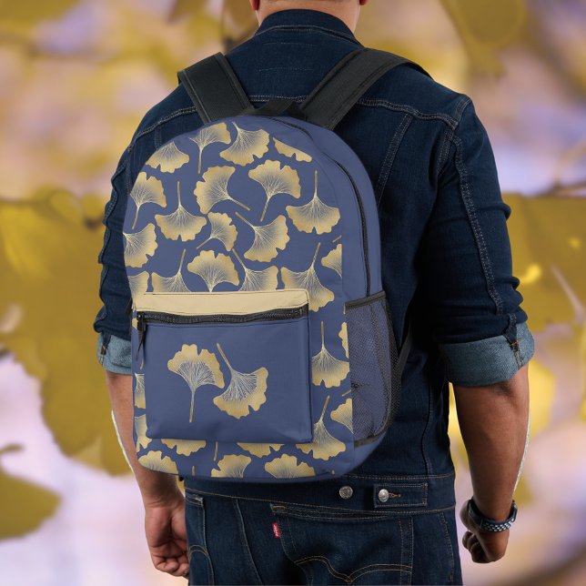 Gold Gingko Leaves on Slate Blue Monogram Printed Backpack (Creator Uploaded)