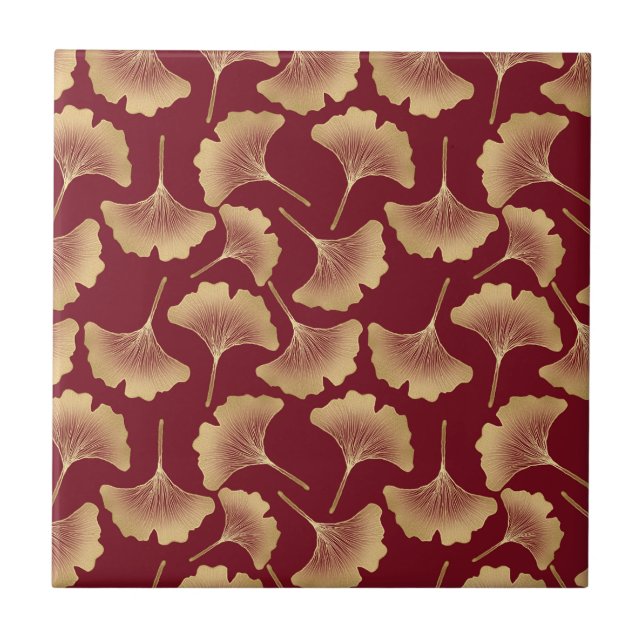 Gold Ginkgo Leaf Pattern in Burgundy for Botanical Ceramic Tile (Front)