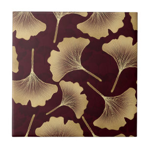 Gold Ginkgo Leaves Burgundy Botanical Pattern Ceramic Tile