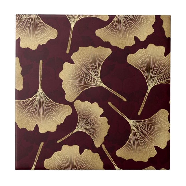 Gold Ginkgo Leaves Burgundy Botanical Pattern Ceramic Tile (Front)