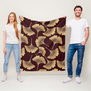 Gold Ginkgo Leaves Burgundy Botanical Pattern Fleece Blanket