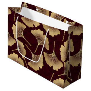 Gold Ginkgo Leaves Burgundy Botanical Pattern Large Gift Bag
