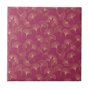 Gold Ginkgo Leaves Burgundy Luxury Botanical Ceramic Tile