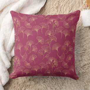 Gold Ginkgo Leaves Burgundy Luxury Botanical Cushion