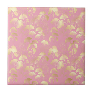 Gold Ginkgo Leaves on Blush Pink Botanical Pattern Ceramic Tile