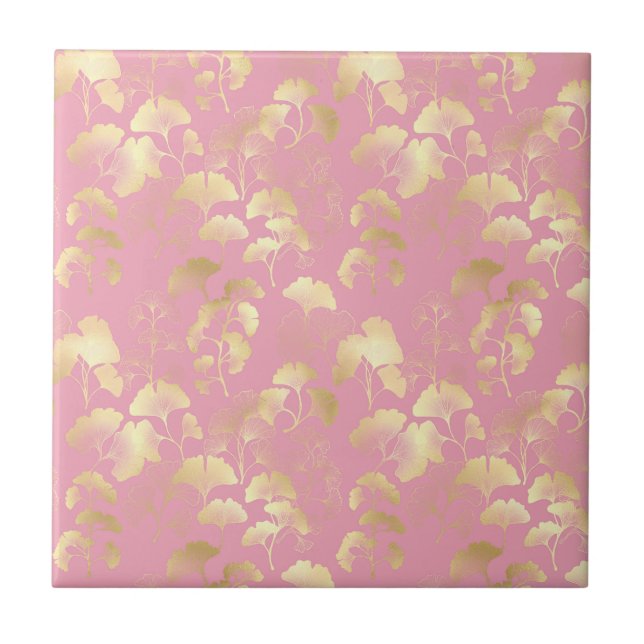 Gold Ginkgo Leaves on Blush Pink Botanical Pattern Ceramic Tile (Front)