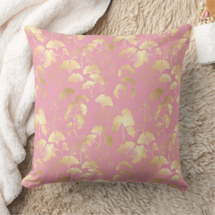 Gold Ginkgo Leaves on Blush Pink Botanical Pattern Cushion