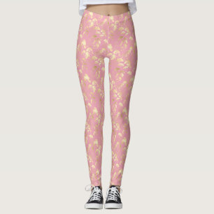 Gold Ginkgo Leaves on Blush Pink Botanical Pattern Leggings
