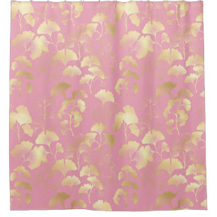 Gold Ginkgo Leaves on Blush Pink Botanical Pattern Shower Curtain