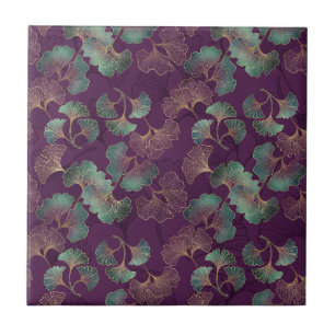 Gold Ginkgo Leaves on Purple Botanical Pattern Ceramic Tile