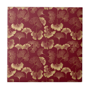 Gold Ginkgo Leaves on Red Elegant Botanical (2) Ceramic Tile