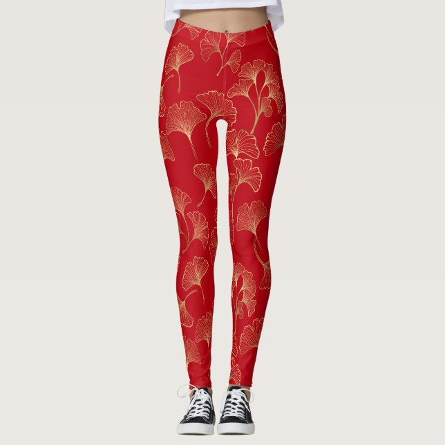 Gold Ginkgo Leaves on Red Elegant Botanical (4) Leggings (Front)
