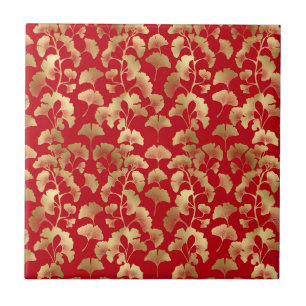 Gold Ginkgo Leaves on Red Elegant Botanical (5) Ceramic Tile
