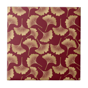 Gold Ginkgo Leaves on Red Elegant Botanical (6) Ceramic Tile