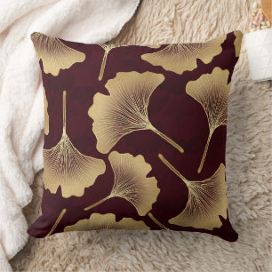 Gold Ginkgo Leaves on Red Elegant Botanical (8) Cushion