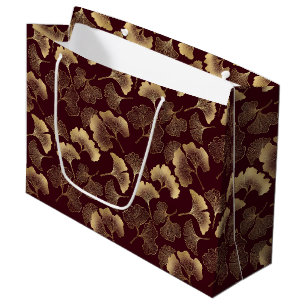 Gold Ginkgo Leaves on Red Elegant Botanical Large Gift Bag