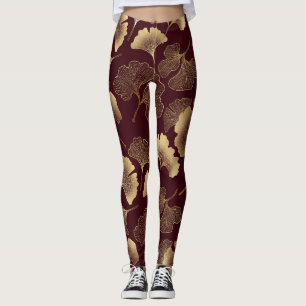 Gold Ginkgo Leaves on Red Elegant Botanical Leggings