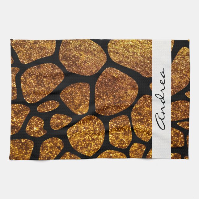 Gold Giraffe, Gold Glitter, Jungle, Your Name Tea Towel (Horizontal)