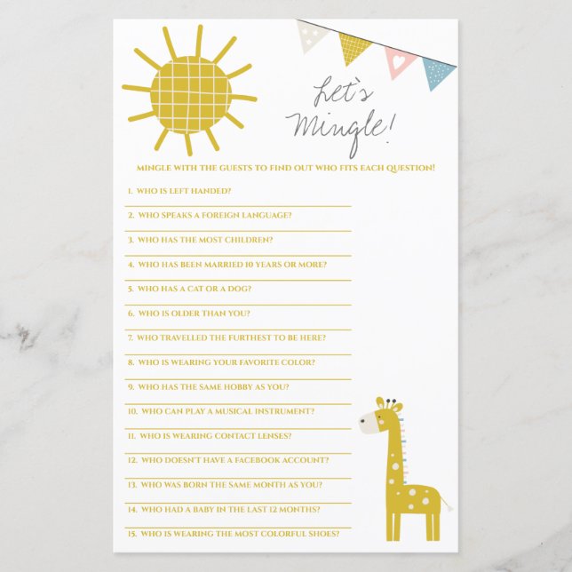 Gold Giraffe Let's Mingle! Baby Shower Game (Front)