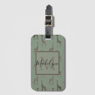 Gold Giraffe on Sage Green Monogram  Luggage Tag