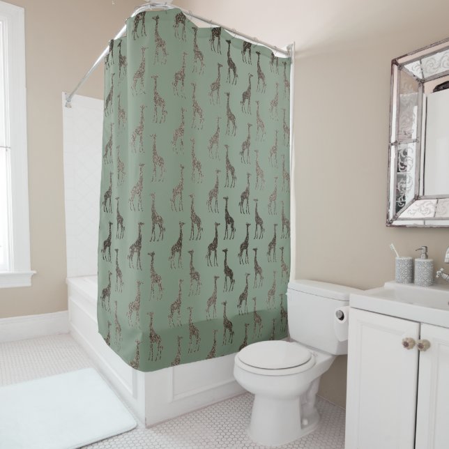Gold Giraffe on Sage Green Shower Curtain (In Situ)