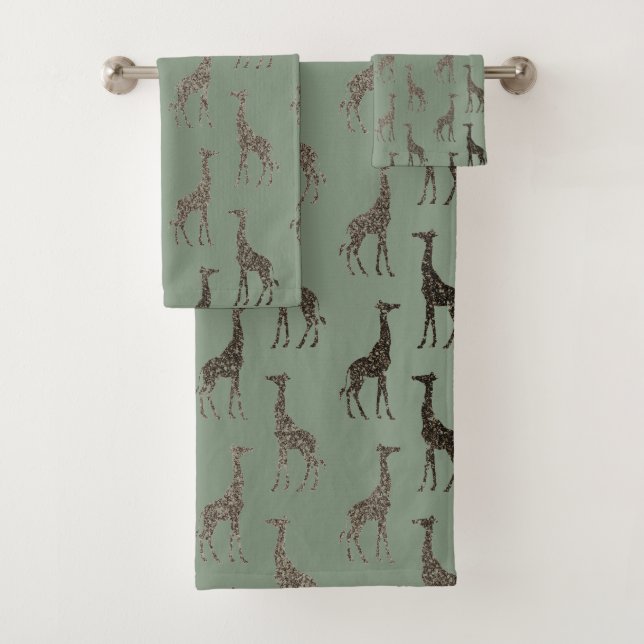 Gold Giraffe on Sage Green Towel Set (Insitu)
