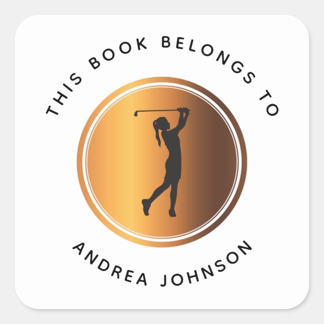 Gold Girl Golfer Silhouette Kids School Bookplate  Square Sticker (Front)