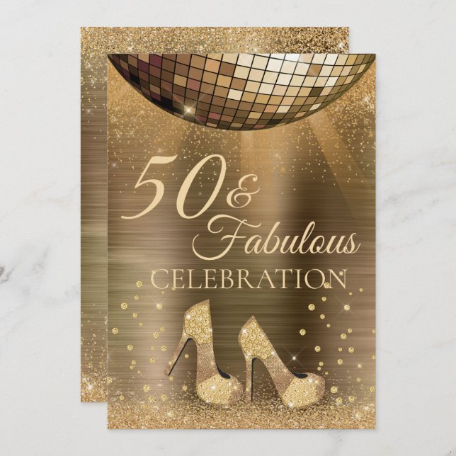 Gold Glam 50 and Fabulous Disco Ball Chocolate Invitation (Front/Back)
