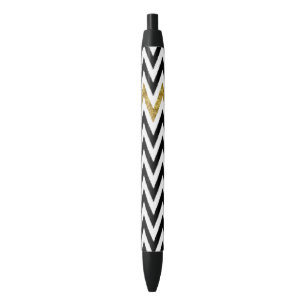 Gold Glam and Black Chevron Black Ink Pen