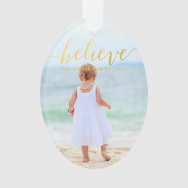 Gold Glam Believe Holiday Photo Ornament (Front)