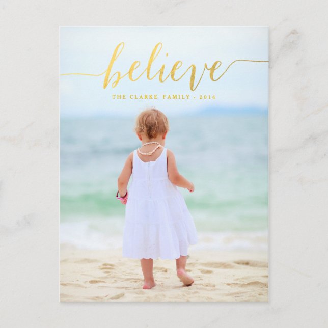 Gold Glam Believe Holiday Photo Postcard (Front)